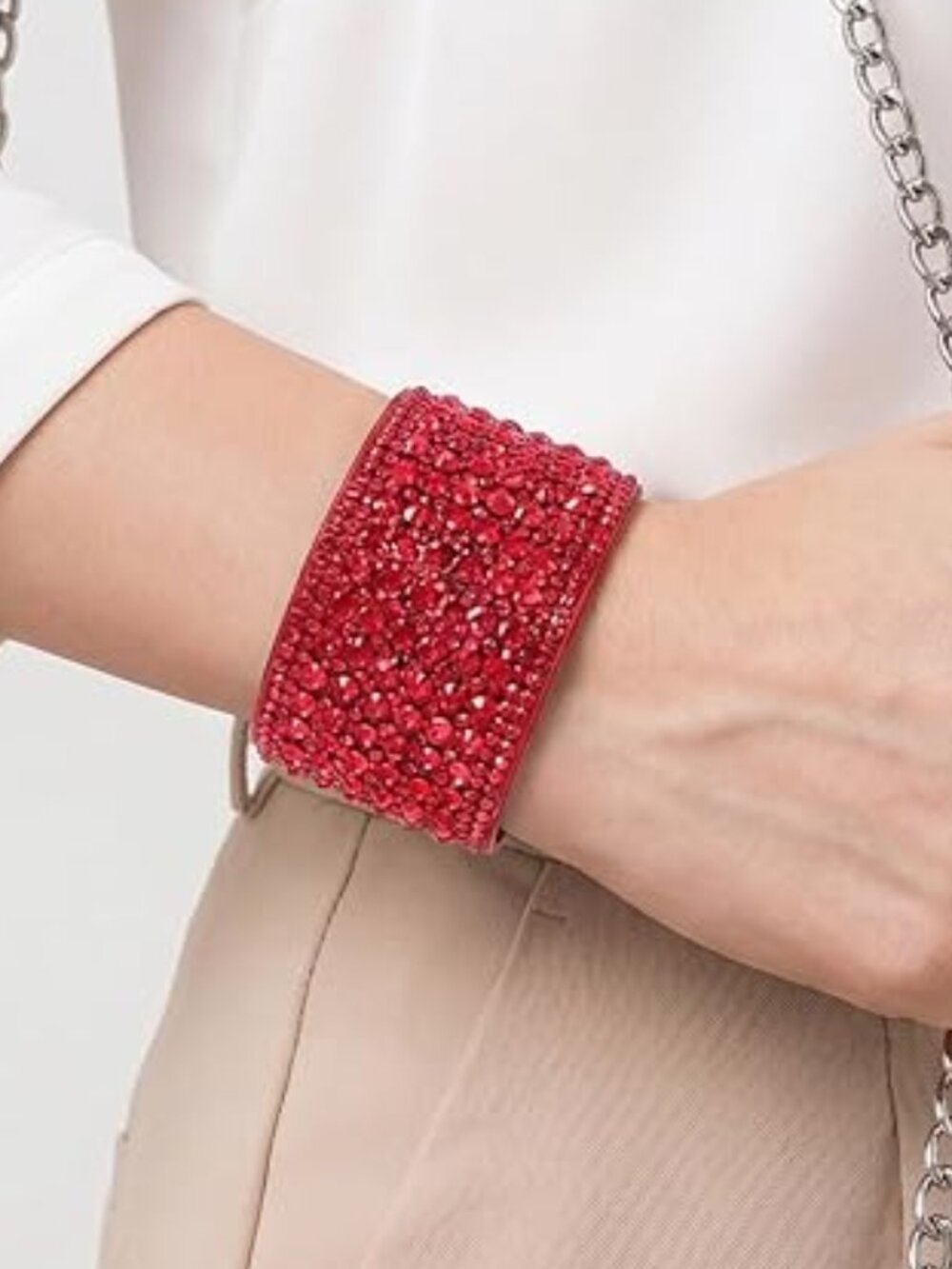 BRAND NEW Women Rhinestone Leather Cuff Bracelet Snap Red
